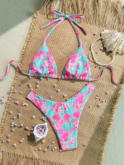 Swim Mod Summer 2 Pieces Outfits For Women- Spaghetti Strap Random Print Top And High Cut Swim Bottoms, Beach Holiday Bikini Set Pink Sexy Tropical