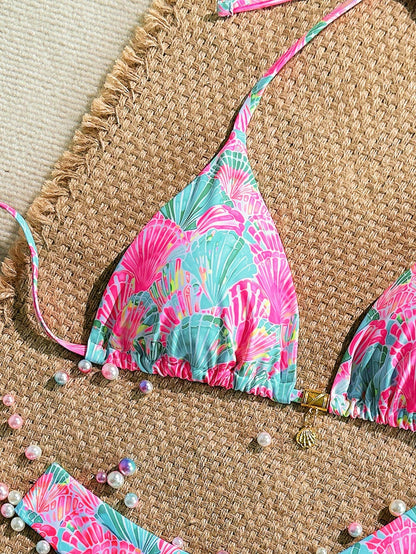 Swim Mod Summer 2 Pieces Outfits For Women- Spaghetti Strap Random Print Top And High Cut Swim Bottoms, Beach Holiday Bikini Set Pink Sexy Tropical