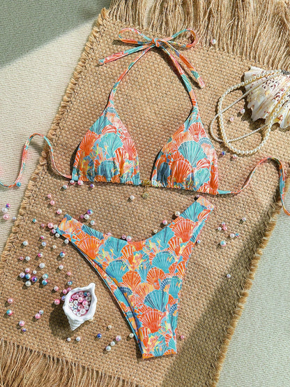 Swim Mod Summer 2 Pieces Outfits For Women- Spaghetti Strap Random Print Top And High Cut Swim Bottoms, Beach Holiday Bikini Set Pink Sexy Tropical