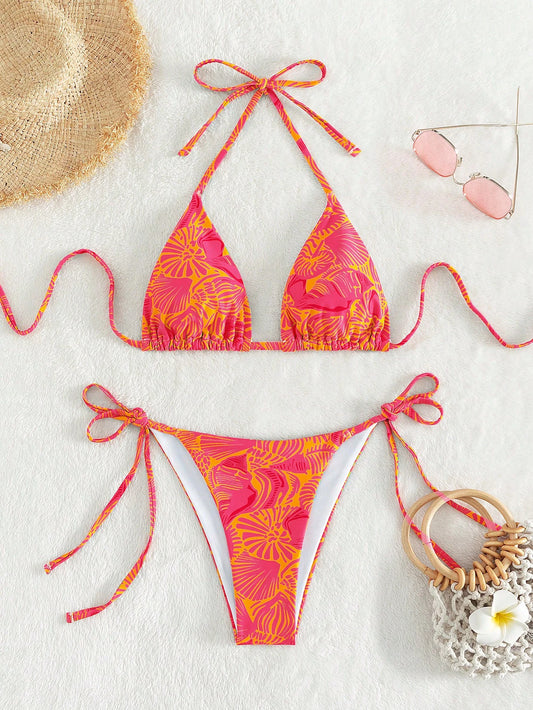 Swim Mod Summer Beach Women's Tropical Plant Printed Halter Neck Bikini Set, Sexy Bikini Set With Bottom, Random Print