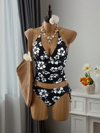 Swim Mod Women's 2-Piece Solid Color Sexy Cute Spaghetti Strap Tie-Up Bikini Set, Elegant Beach Holiday Party Bikini Set