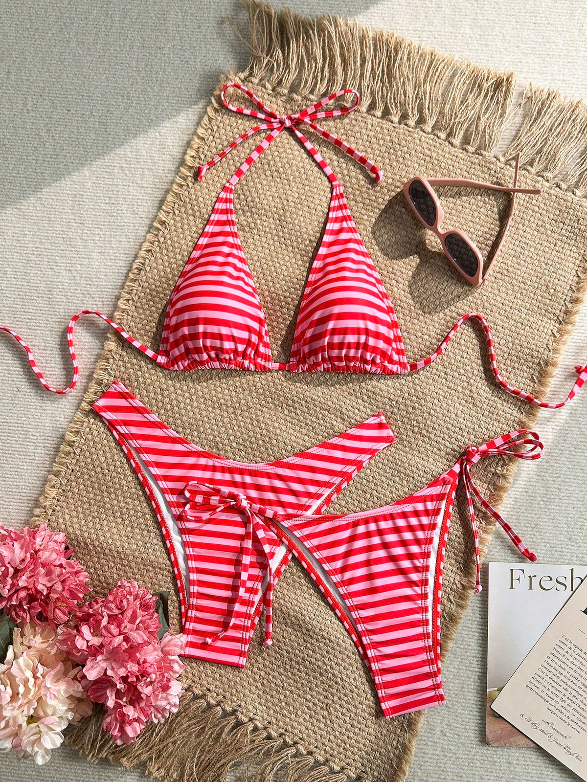 Swim Mod Women's 3-Piece Separates Tropical Cute Multi-Color Striped Print Halter Neck Tie Triangle Cup Bikini Set With Cute Triangle Bottoms, Hot-Selling Beach Vacation Casual Elegant Valentine's Day