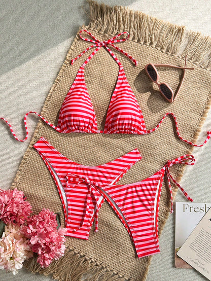 Swim Mod Women's 3-Piece Separates Tropical Cute Multi-Color Striped Print Halter Neck Tie Triangle Cup Bikini Set With Cute Triangle Bottoms, Hot-Selling Beach Vacation Casual Elegant Valentine's Day