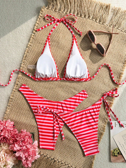 Swim Mod Women's 3-Piece Separates Tropical Cute Multi-Color Striped Print Halter Neck Tie Triangle Cup Bikini Set With Cute Triangle Bottoms, Hot-Selling Beach Vacation Casual Elegant Valentine's Day