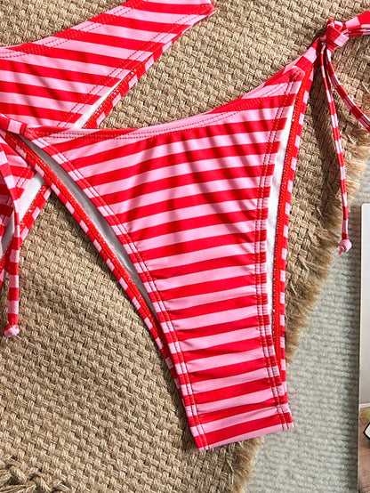 Swim Mod Women's 3-Piece Separates Tropical Cute Multi-Color Striped Print Halter Neck Tie Triangle Cup Bikini Set With Cute Triangle Bottoms, Hot-Selling Beach Vacation Casual Elegant Valentine's Day