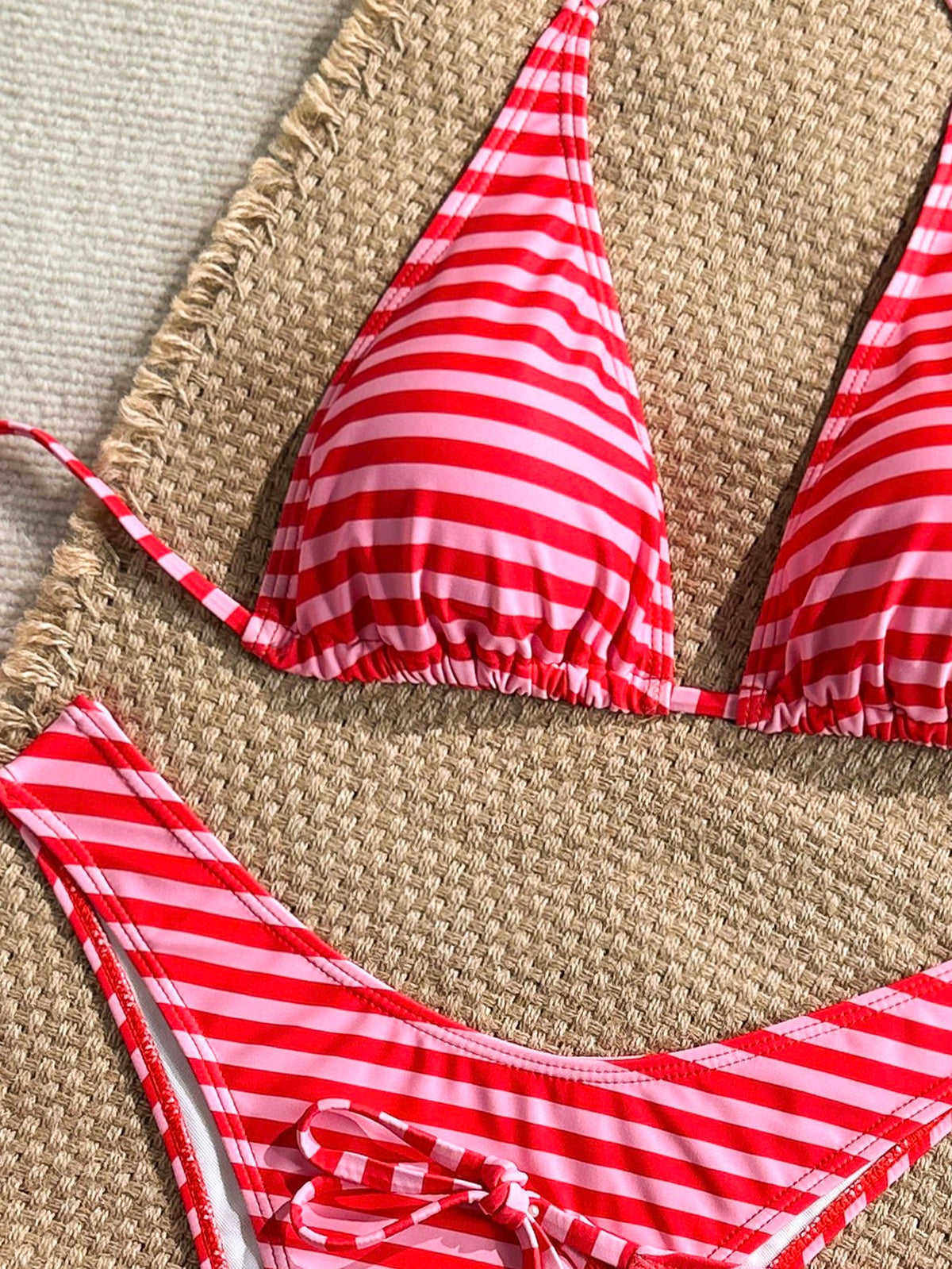 Swim Mod Women's 3-Piece Separates Tropical Cute Multi-Color Striped Print Halter Neck Tie Triangle Cup Bikini Set With Cute Triangle Bottoms, Hot-Selling Beach Vacation Casual Elegant Valentine's Day