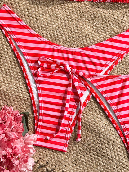 Swim Mod Women's 3-Piece Separates Tropical Cute Multi-Color Striped Print Halter Neck Tie Triangle Cup Bikini Set With Cute Triangle Bottoms, Hot-Selling Beach Vacation Casual Elegant Valentine's Day