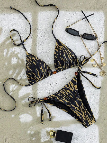 Swim Mod Women's Black Zebra Stripe Textured Halter Triangle Bikini Set,Animal Print High Cut 2pcs Swimwear,Summer Casual Beach Holiday Vacation