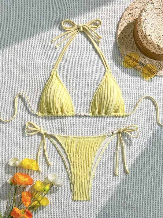 Swim Mod Women's Casual Vacation Beach Party Solid Color Special Fabric Bikini Two Pieces Swimwear
