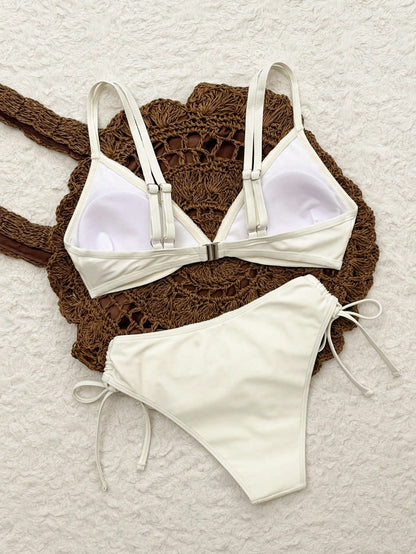 Swim Mod Women's Light Blue Floral Crochet Trim Bikini Set,Boho Triangle Swimwear With Side Tie Details,2pcs Summer Beach Holiday Holiday Mint Green Swimsuit