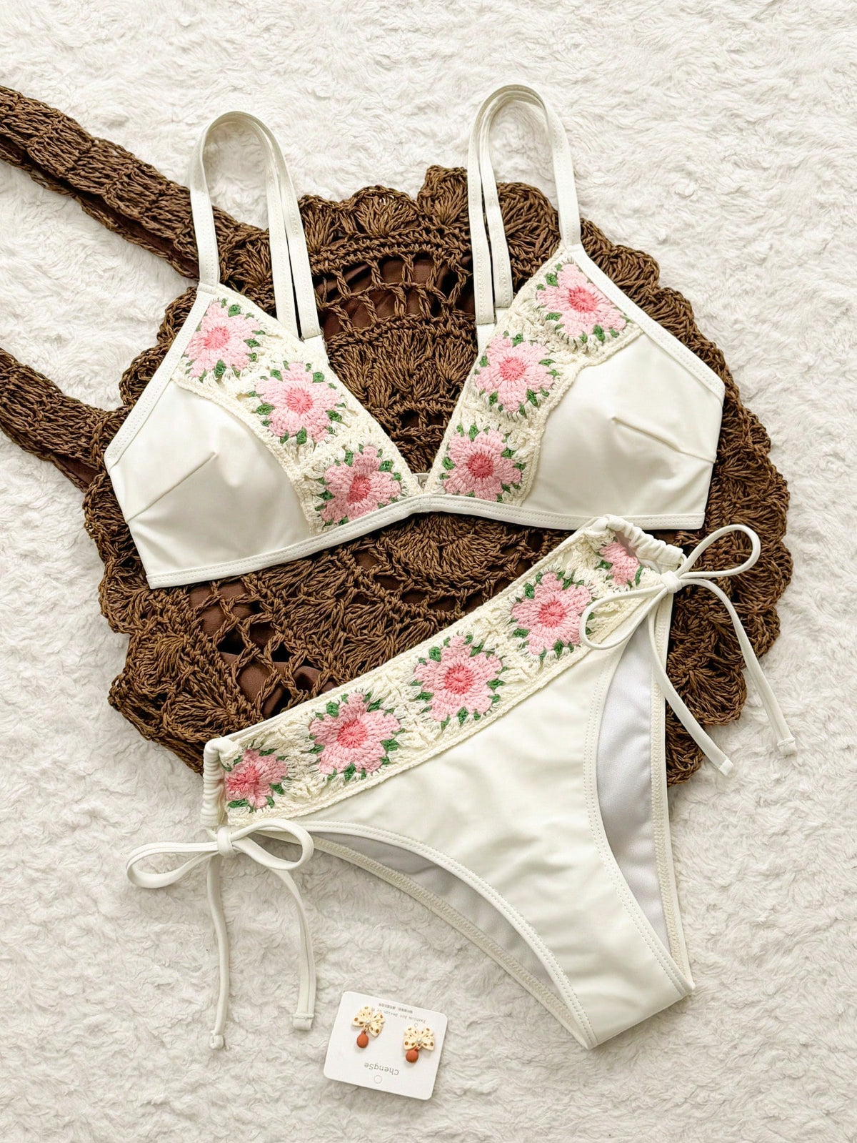 Swim Mod Women's Light Blue Floral Crochet Trim Bikini Set,Boho Triangle Swimwear With Side Tie Details,2pcs Summer Beach Holiday Holiday Mint Green Swimsuit