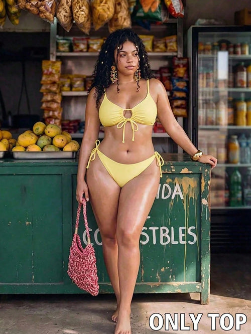 Swim Mod Women's Plus Size Solid Color 1 Piece Spaghetti Strap Tie Front Bikini Swimwear Top For Beach Vacation Yellow Summer Sexy