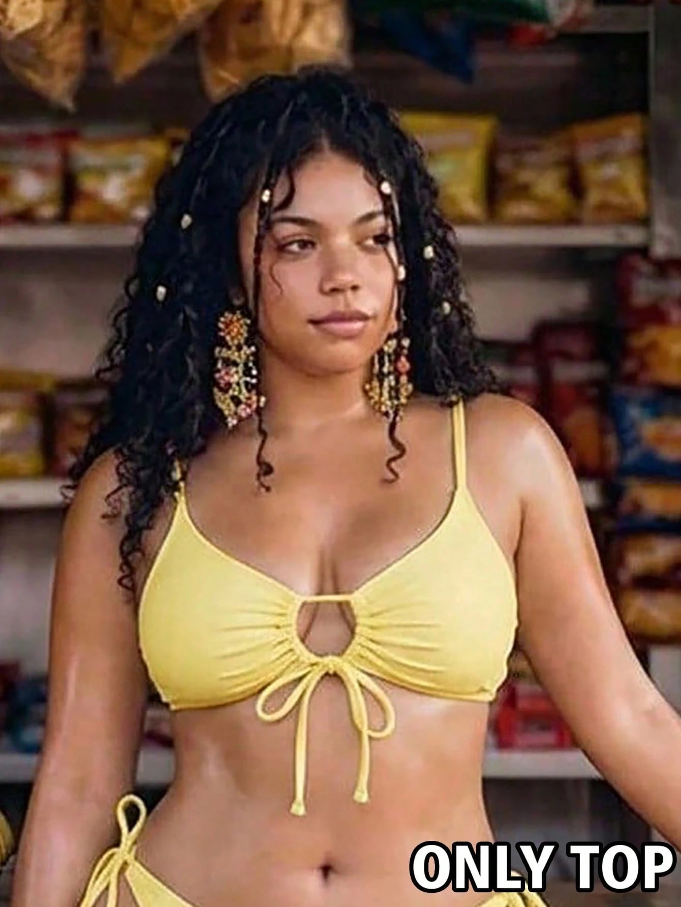 Swim Mod Women's Plus Size Solid Color 1 Piece Spaghetti Strap Tie Front Bikini Swimwear Top For Beach Vacation Yellow Summer Sexy