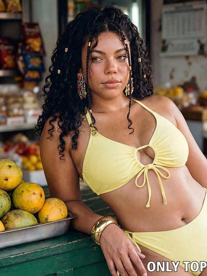 Swim Mod Women's Plus Size Solid Color 1 Piece Spaghetti Strap Tie Front Bikini Swimwear Top For Beach Vacation Yellow Summer Sexy