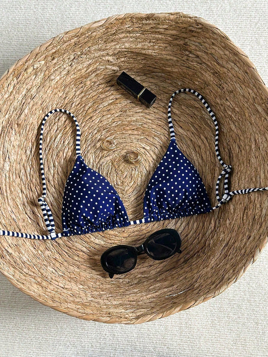 Swim Mod Women's Polka Dot & Striped Print Tie-Front Backless Sexy Bikini Top For Beach Vacation