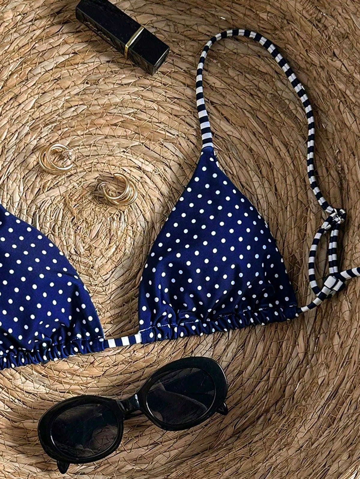 Swim Mod Women's Polka Dot & Striped Print Tie-Front Backless Sexy Bikini Top For Beach Vacation