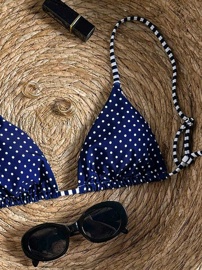 Swim Mod Women's Polka Dot & Striped Print Tie-Front Backless Sexy Bikini Top For Beach Vacation