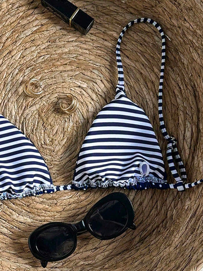 Swim Mod Women's Polka Dot & Striped Print Tie-Front Backless Sexy Bikini Top For Beach Vacation