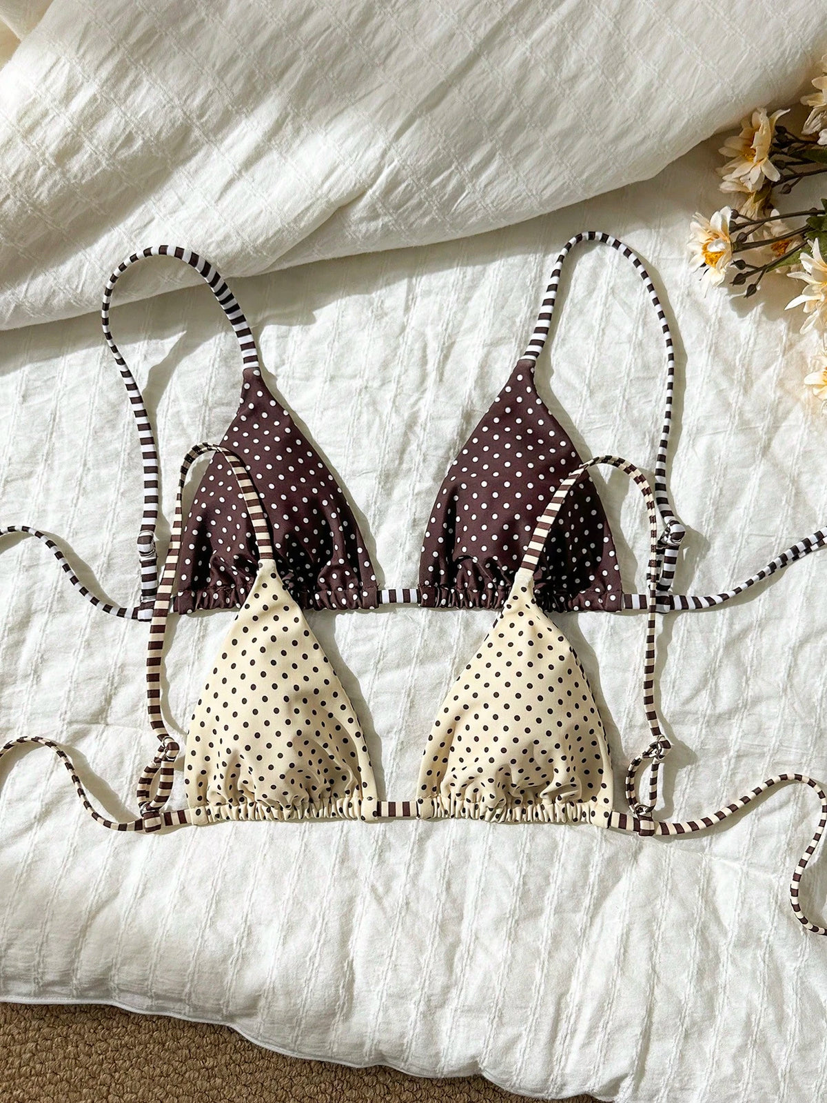 Swim Mod Women's Polka Dot & Striped Print Tie-Front Backless Sexy Bikini Top For Beach Vacation