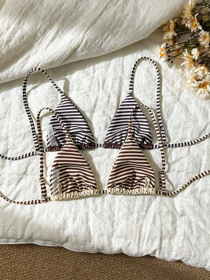 Swim Mod Women's Polka Dot & Striped Print Tie-Front Backless Sexy Bikini Top For Beach Vacation