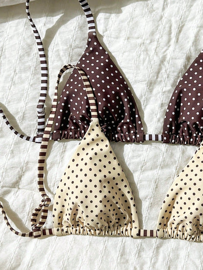 Swim Mod Women's Polka Dot & Striped Print Tie-Front Backless Sexy Bikini Top For Beach Vacation