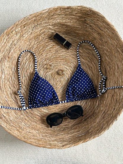 Swim Mod Women's Polka Dot & Striped Print Tie-Front Backless Sexy Bikini Top For Beach Vacation