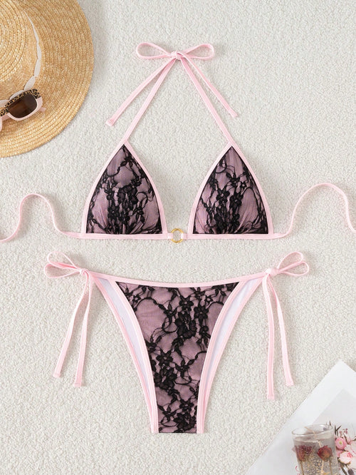 Swim Mod Women's Summer Beach Floral Lace Halter-Neck Tie-Front Sexy Bikini Swimsuit Set