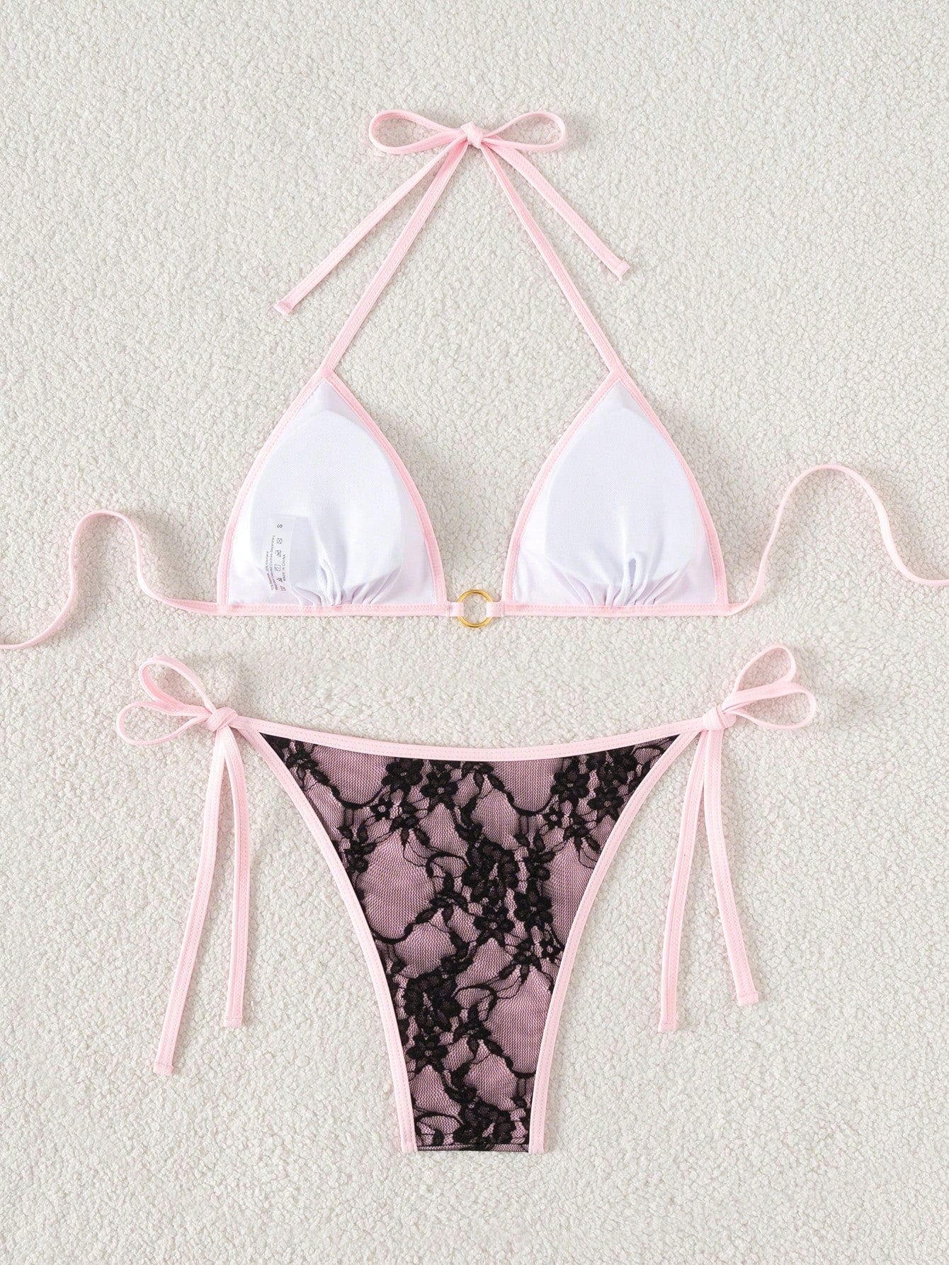 Swim Mod Women's Summer Beach Floral Lace Halter-Neck Tie-Front Sexy Bikini Swimsuit Set