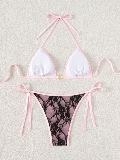 Swim Mod Women's Summer Beach Floral Lace Halter-Neck Tie-Front Sexy Bikini Swimsuit Set