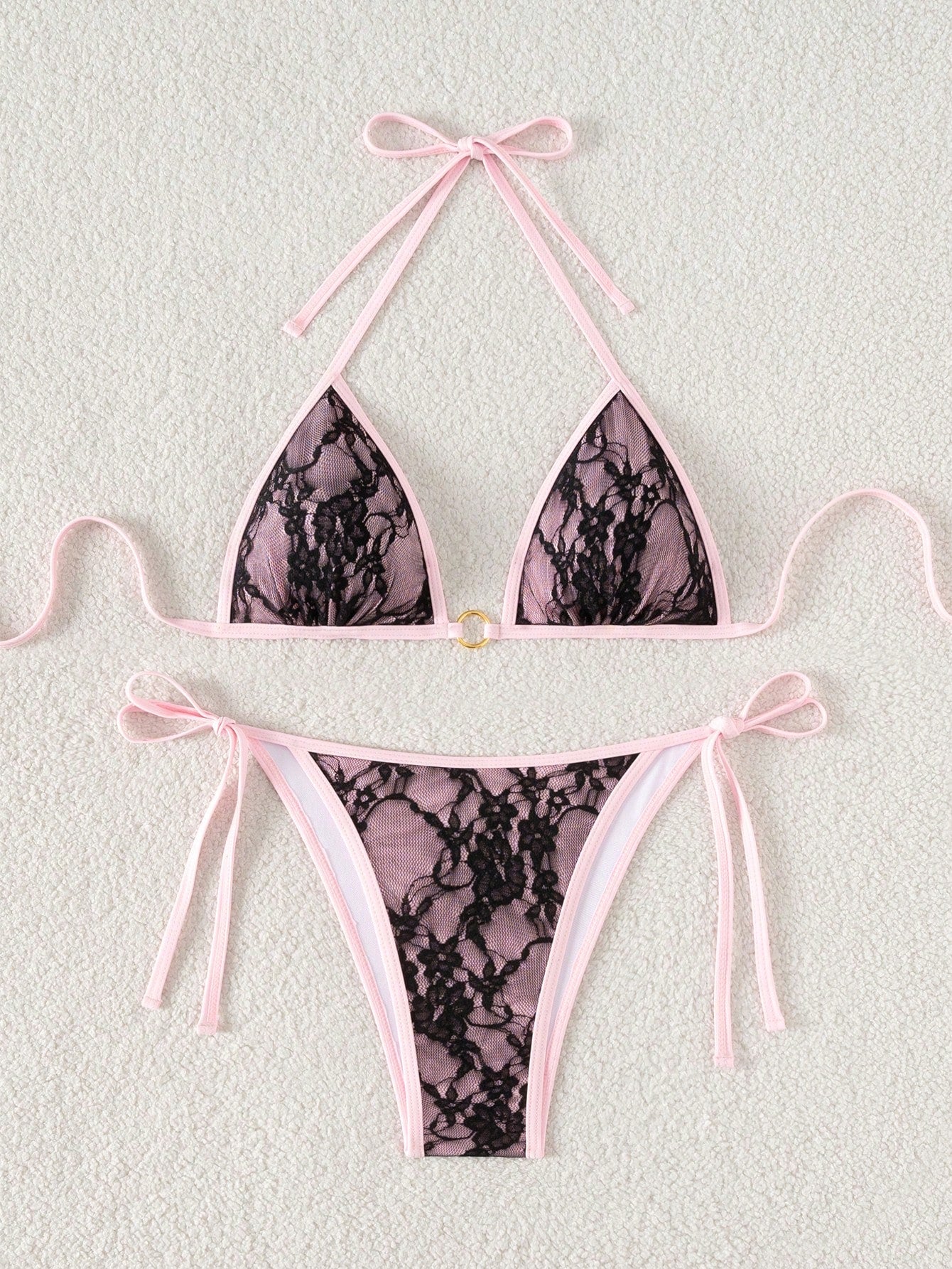 Swim Mod Women's Summer Beach Floral Lace Halter-Neck Tie-Front Sexy Bikini Swimsuit Set