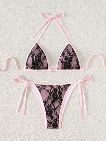 Swim Mod Women's Summer Beach Floral Lace Halter-Neck Tie-Front Sexy Bikini Swimsuit Set