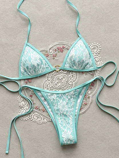 Swim Mod Women's Summer Beach Floral Lace Halter-Neck Tie-Front Sexy Bikini Swimsuit Set