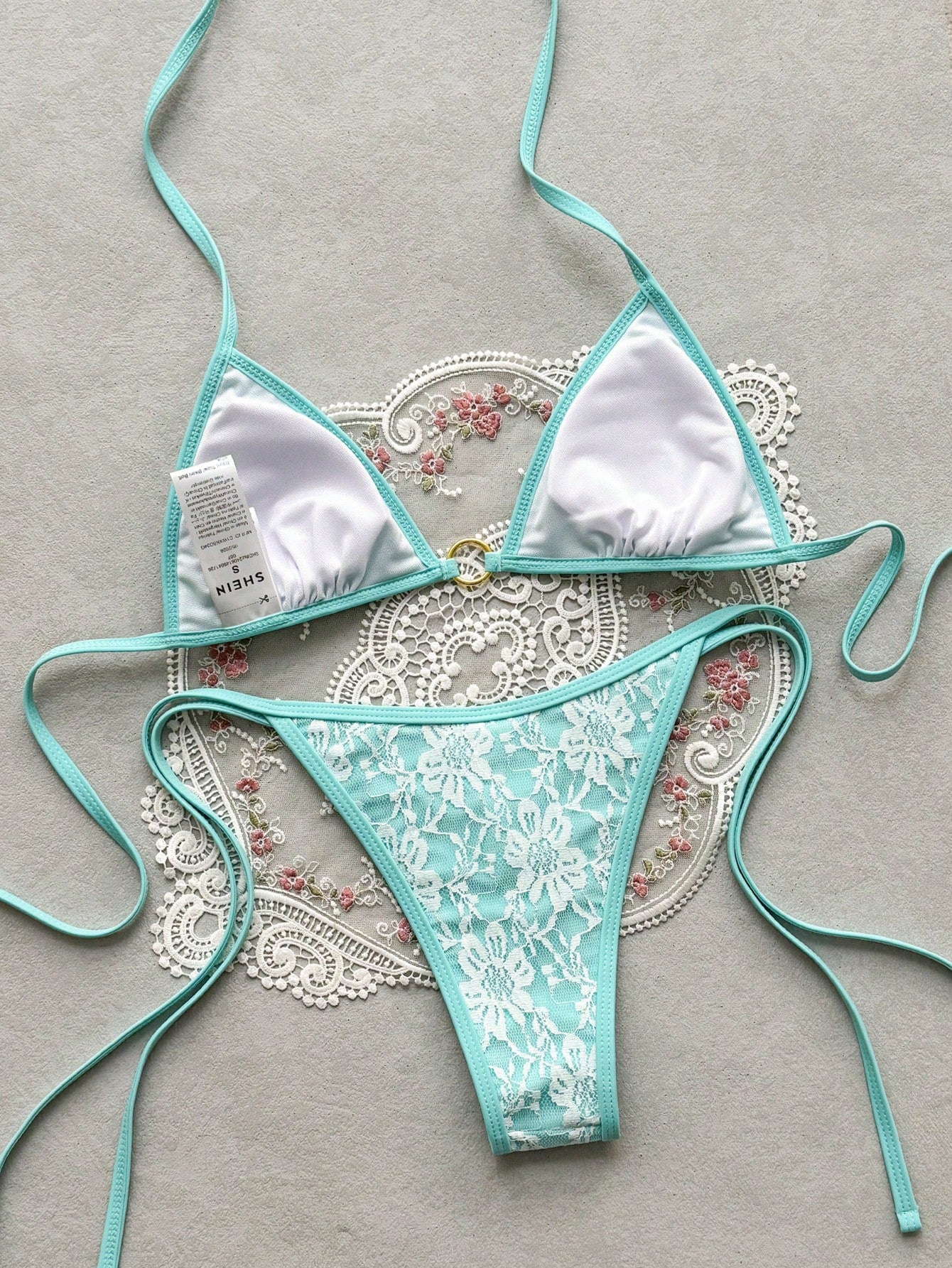 Swim Mod Women's Summer Beach Floral Lace Halter-Neck Tie-Front Sexy Bikini Swimsuit Set