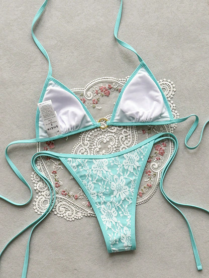 Swim Mod Women's Summer Beach Floral Lace Halter-Neck Tie-Front Sexy Bikini Swimsuit Set