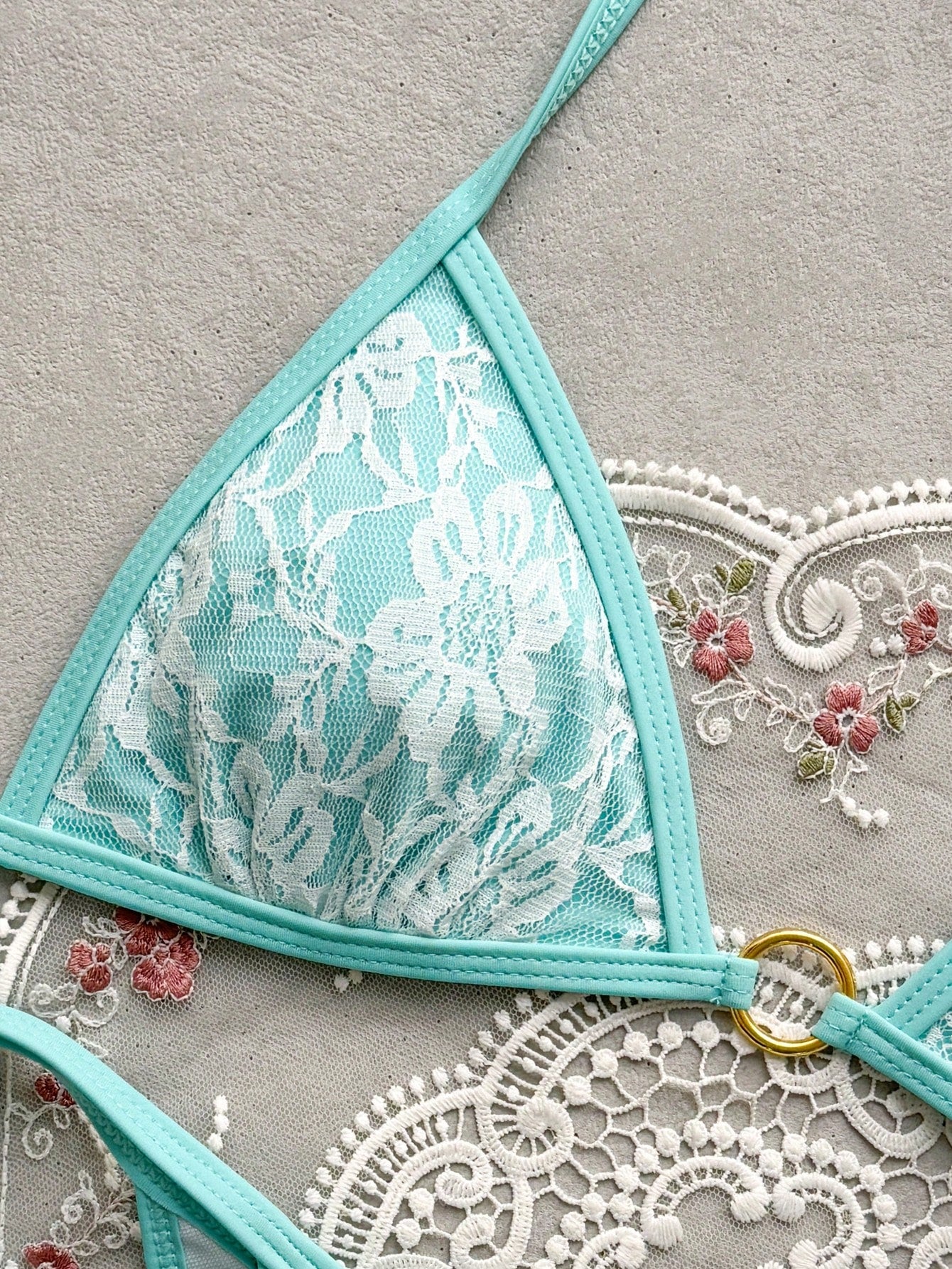 Swim Mod Women's Summer Beach Floral Lace Halter-Neck Tie-Front Sexy Bikini Swimsuit Set