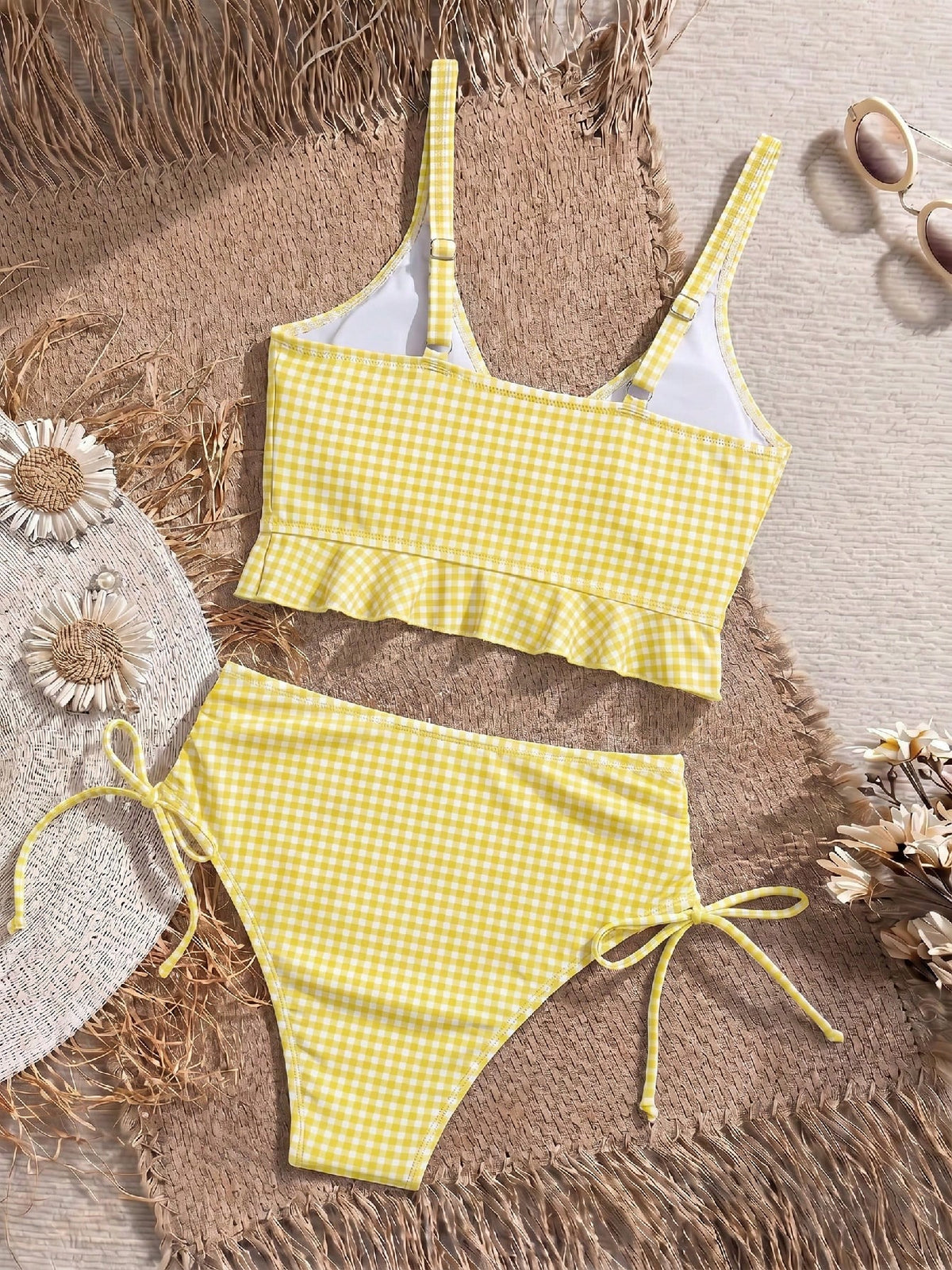Swim Mod Women's Summer Beach Holiday Plaid Ruffle Trim Tank Bikini