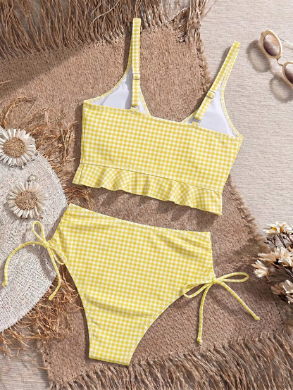 Swim Mod Women's Summer Beach Holiday Plaid Ruffle Trim Tank Bikini