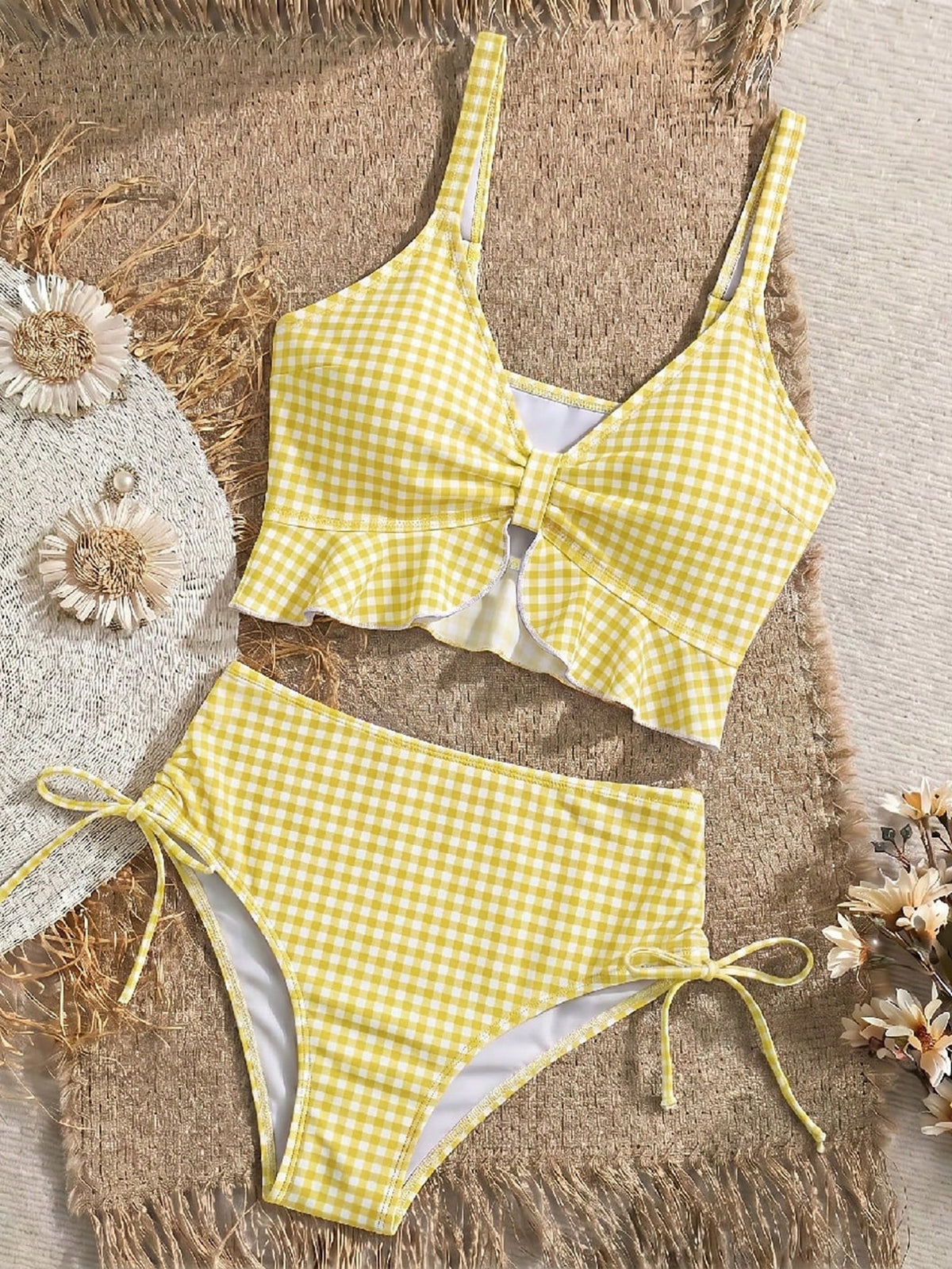 Swim Mod Women's Summer Beach Holiday Plaid Ruffle Trim Tank Bikini