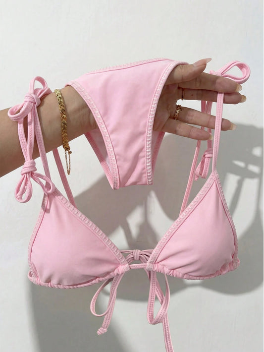 Swim Mod Women's Two Pieces Solid Color Sweet Cute Halter Tie Pants Side Tie Beach Resort Casual Party Bikini Set Set