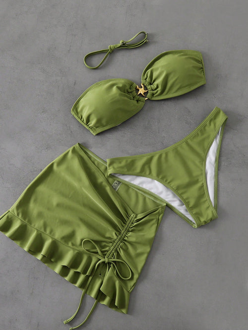 Swim Mod Women Summer Beachwear 3-Piece Set, Solid Color Tube Top Bandeau Halter, Drawstring Waist Ruffle Hem Beach Skirt Bikini Swimwear