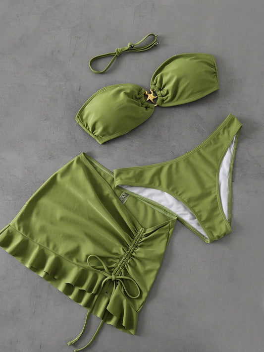 Swim Mod Women Summer Beachwear 3-Piece Set, Solid Color Tube Top Bandeau Halter, Drawstring Waist Ruffle Hem Beach Skirt Bikini Swimwear