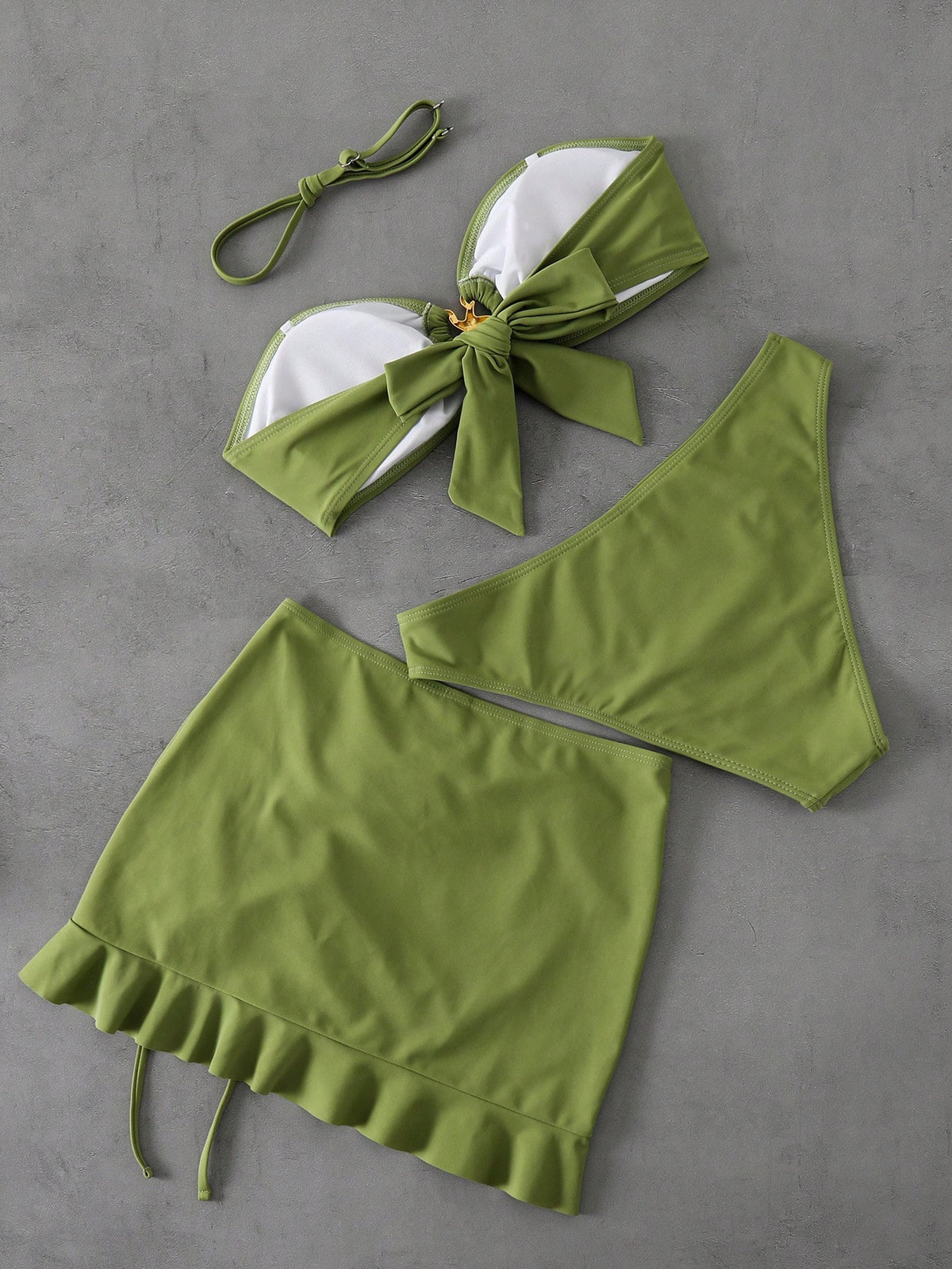 Swim Mod Women Summer Beachwear 3-Piece Set, Solid Color Tube Top Bandeau Halter, Drawstring Waist Ruffle Hem Beach Skirt Bikini Swimwear
