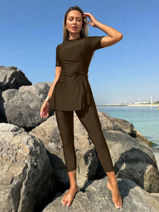 Swim Mulvari 2025 Women's Beach Beach Vacation Holiday Holiday Short Sleeve Burkini Brown Summer Conservative Modest
