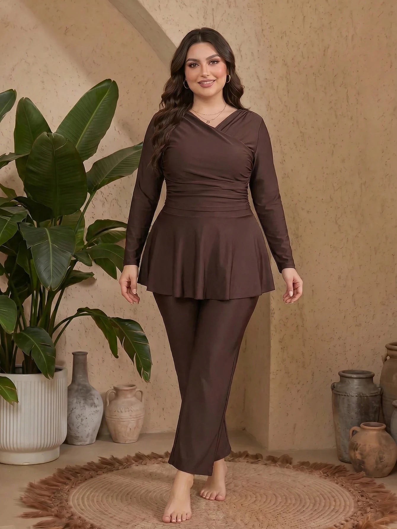 Swim Mulvari 2026 Spring/Summer Hot-Selling New Solid Color Middle Eastern Style 2-Piece Swimsuit Set With Detachable Chest Pads, Sun Protection Long Sleeve, Unique Front Shoulder Ruched Design, Flatt