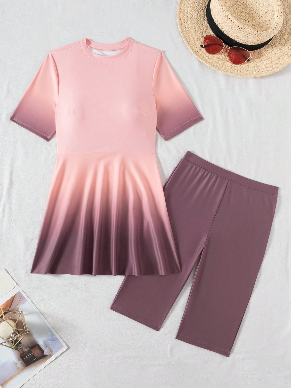 Swim Mulvari 2pcs/Set New Summer Ombre Print Round Neck Half Sleeve Front Zipper Swimsuit & Shorts Burkini Set