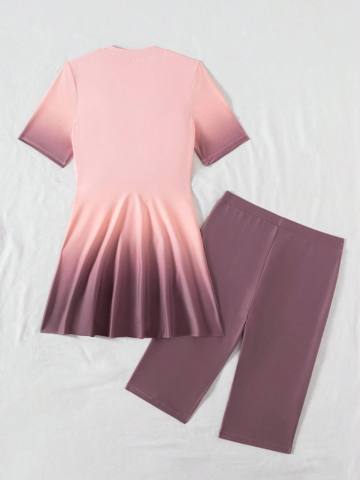 Swim Mulvari 2pcs/Set New Summer Ombre Print Round Neck Half Sleeve Front Zipper Swimsuit & Shorts Burkini Set