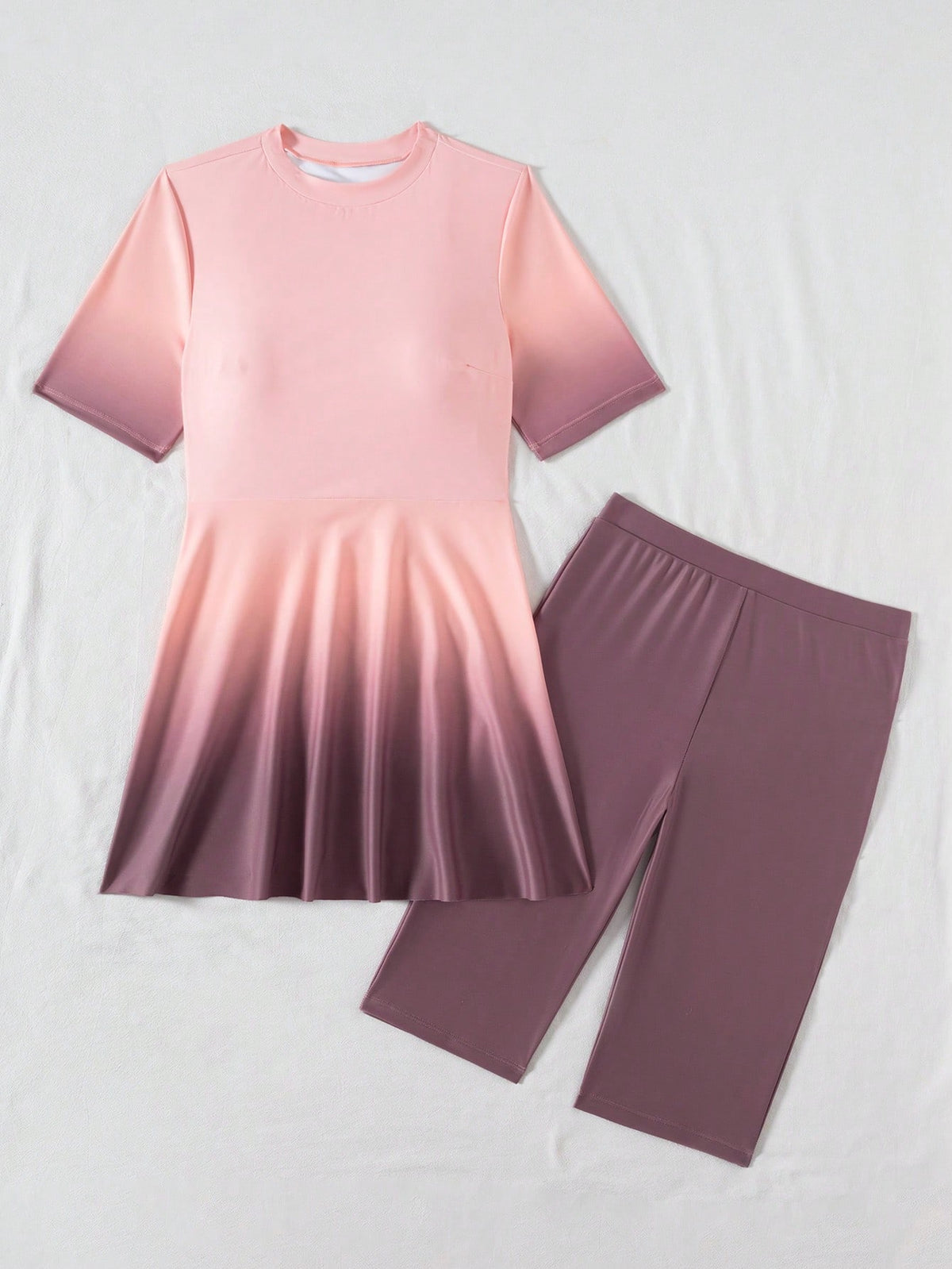 Swim Mulvari 2pcs/Set New Summer Ombre Print Round Neck Half Sleeve Front Zipper Swimsuit & Shorts Burkini Set