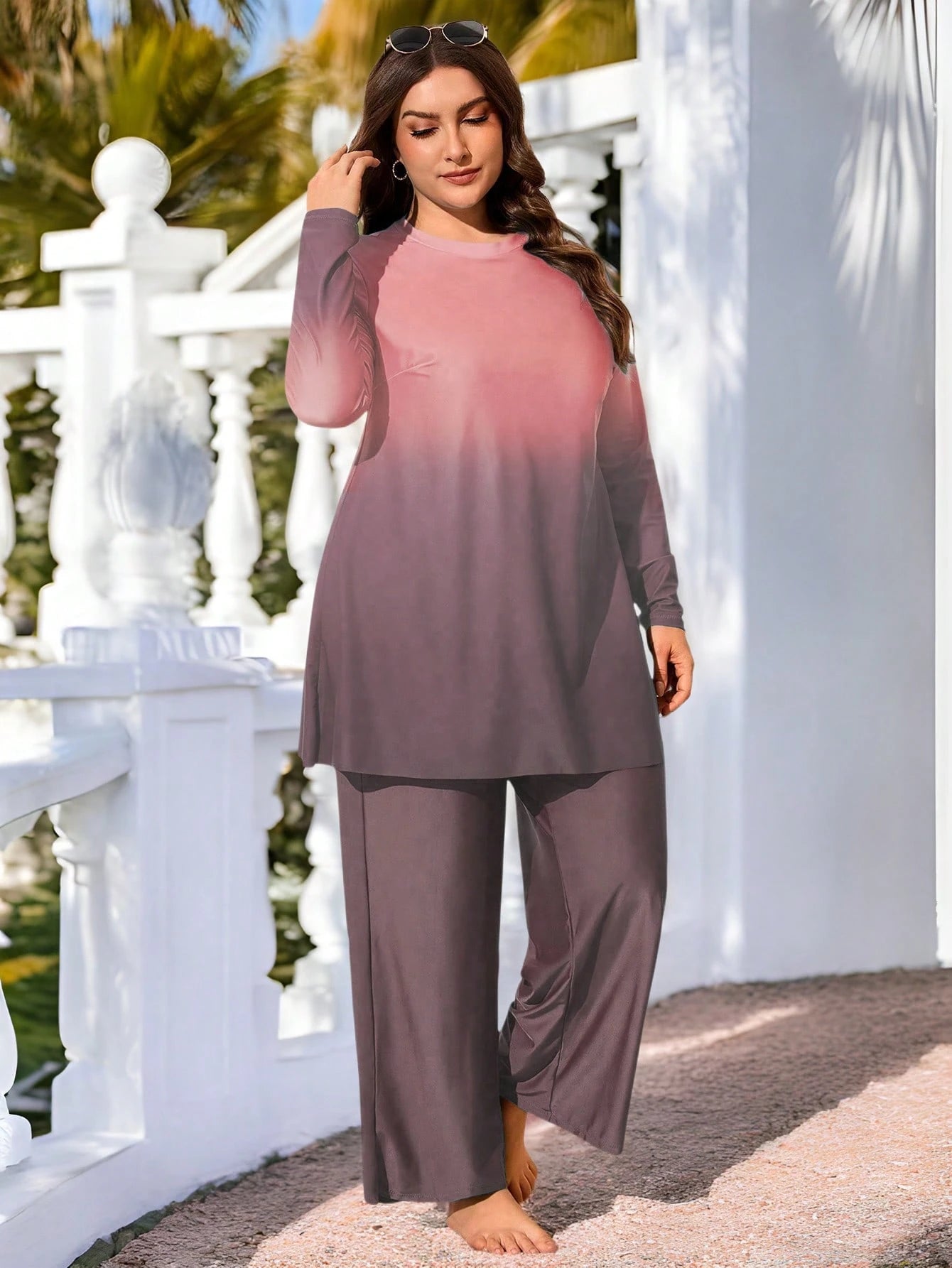 Swim Mulvari Plus Size 2pcs Ombre Gradient Print Long Sleeve Modest Bikini Swimsuit Set,Women Pink Middle Eastern Style Loose Baggy Summer Beach Holiday Vacation