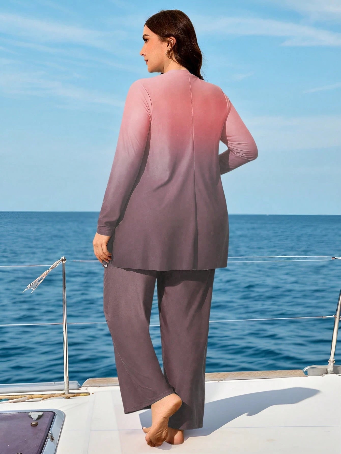 Swim Mulvari Plus Size 2pcs Ombre Gradient Print Long Sleeve Modest Bikini Swimsuit Set,Women Pink Middle Eastern Style Loose Baggy Summer Beach Holiday Vacation