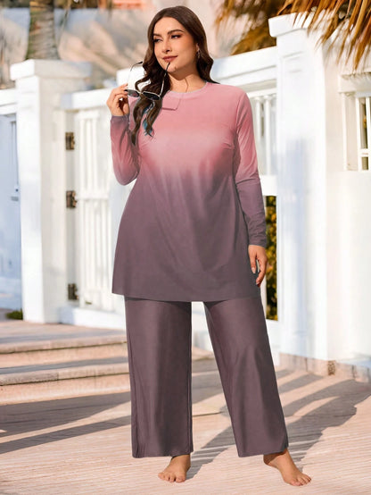Swim Mulvari Plus Size 2pcs Ombre Gradient Print Long Sleeve Modest Bikini Swimsuit Set,Women Pink Middle Eastern Style Loose Baggy Summer Beach Holiday Vacation